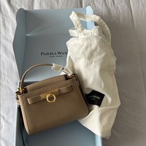 Parisa Wang Beige Leather Top-Handle Satchel with Gold Hardware